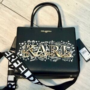 Karl Lagerfeld Black Satchel with Gold and White Design